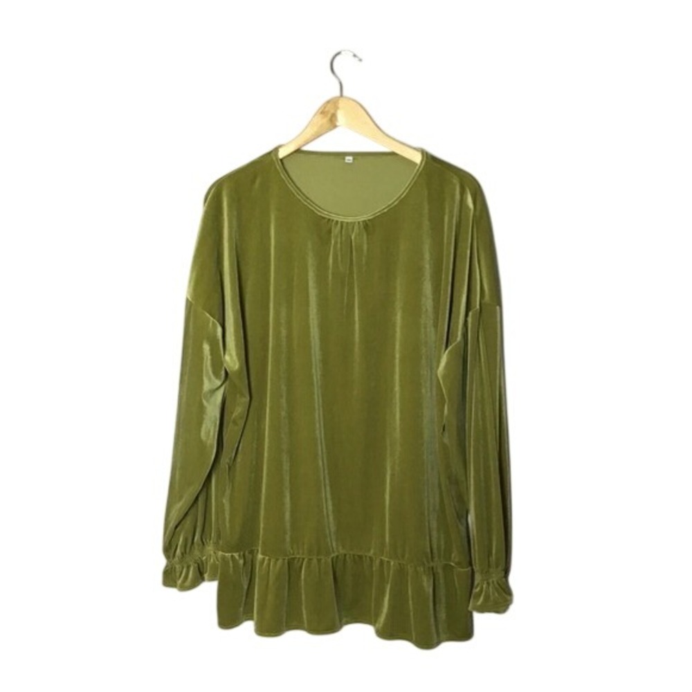 Womens Green‎ Velveteen Scoop Neck Pullover Long Sleeve Casual Blouse Size 3XL